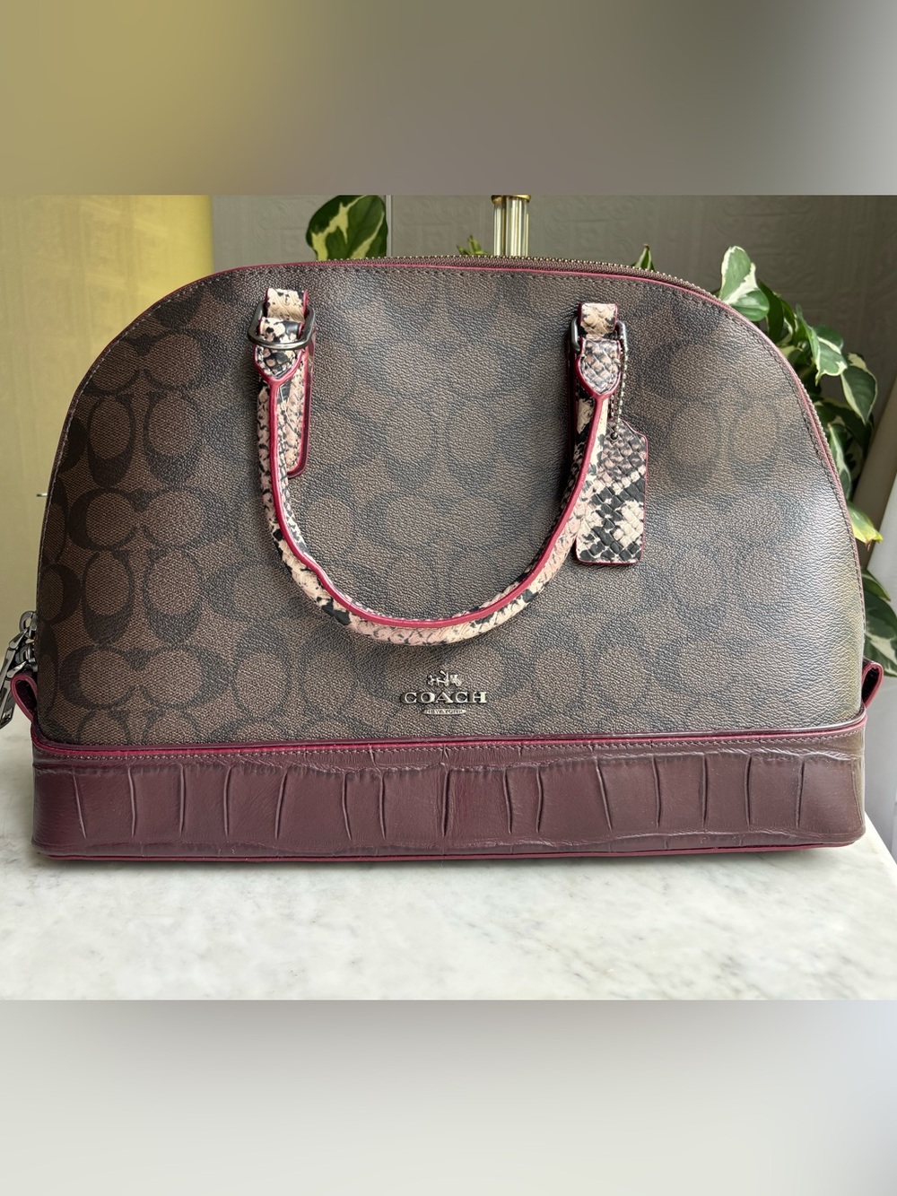 NWT Coach Sierra Burgundy and Brown Signature Dome Satchel with Mixed ExoticTrim - Picture 2 of 16